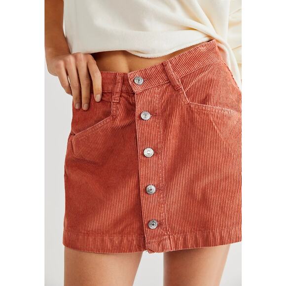 Free People Dresses & Skirts - Free People Skirt Burnt Orange Corduroy Ray Cord Mini Button Front High Rise 6